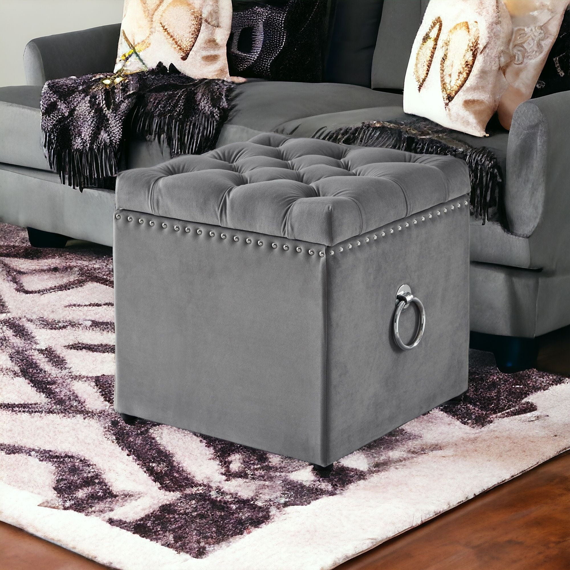 Velvet Tufted Storage - Gray / Black