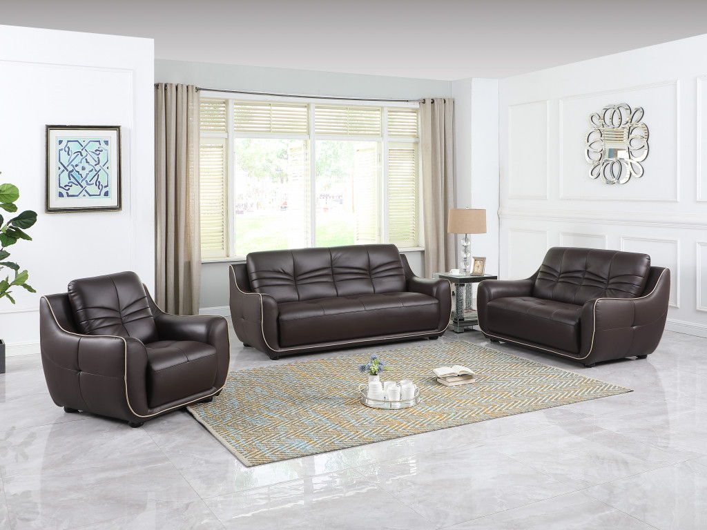 Three Piece Genuine Leather Six Person Seating Set Indoor - Brown