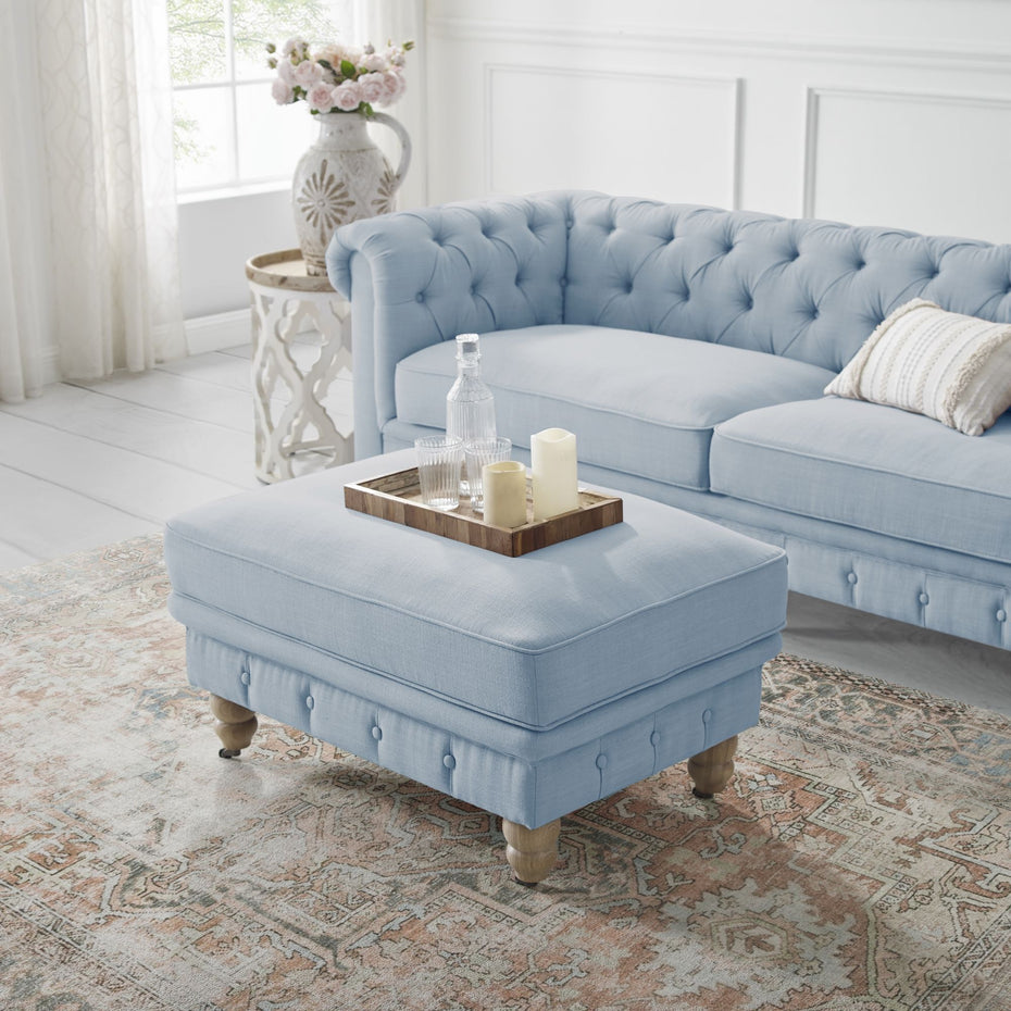 Linen Rolling Tufted Cocktail Ottoman - Light Blue / Natural