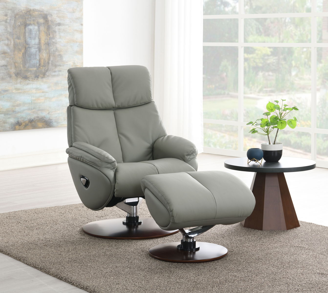 Kandoro - Top Grain Leather Accent Chair With Swivel & Ottoman - Gray