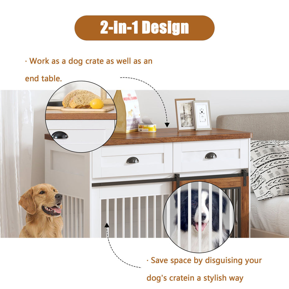 Heavy Duty Furniture Style Dog Cage Wooden Dog Cage Double Door Dog Cage Side Cabinet Dog Cage Dog Crate - Walnut / White