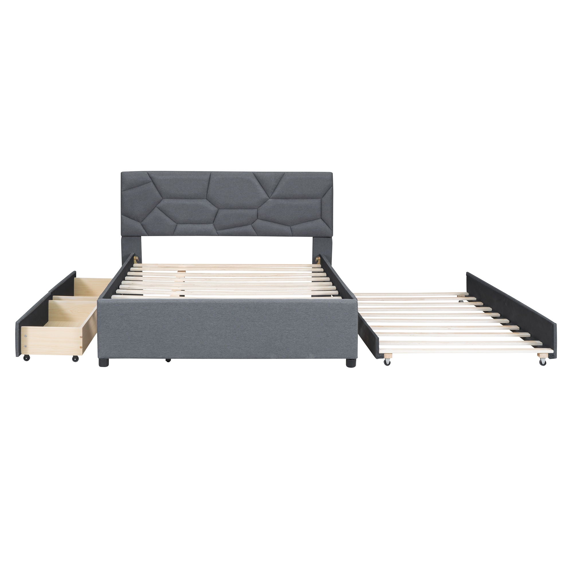 Full Size Upholstered Platform Bed With Brick Pattern Headboard, With Twin Size Trundle And 2 Drawers, Linen