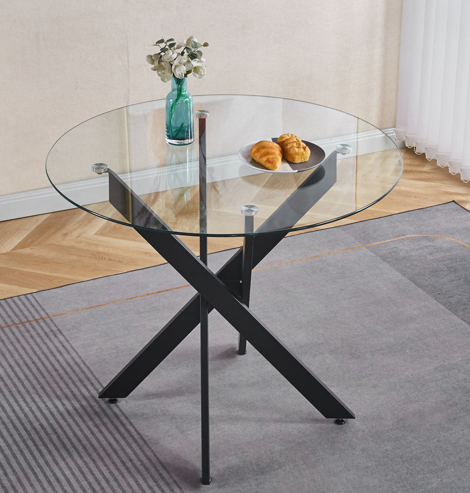 Dining Table With Cross Metal Leg And Tempered Glass, Modern Space Saving Kitchen Table For Living Room