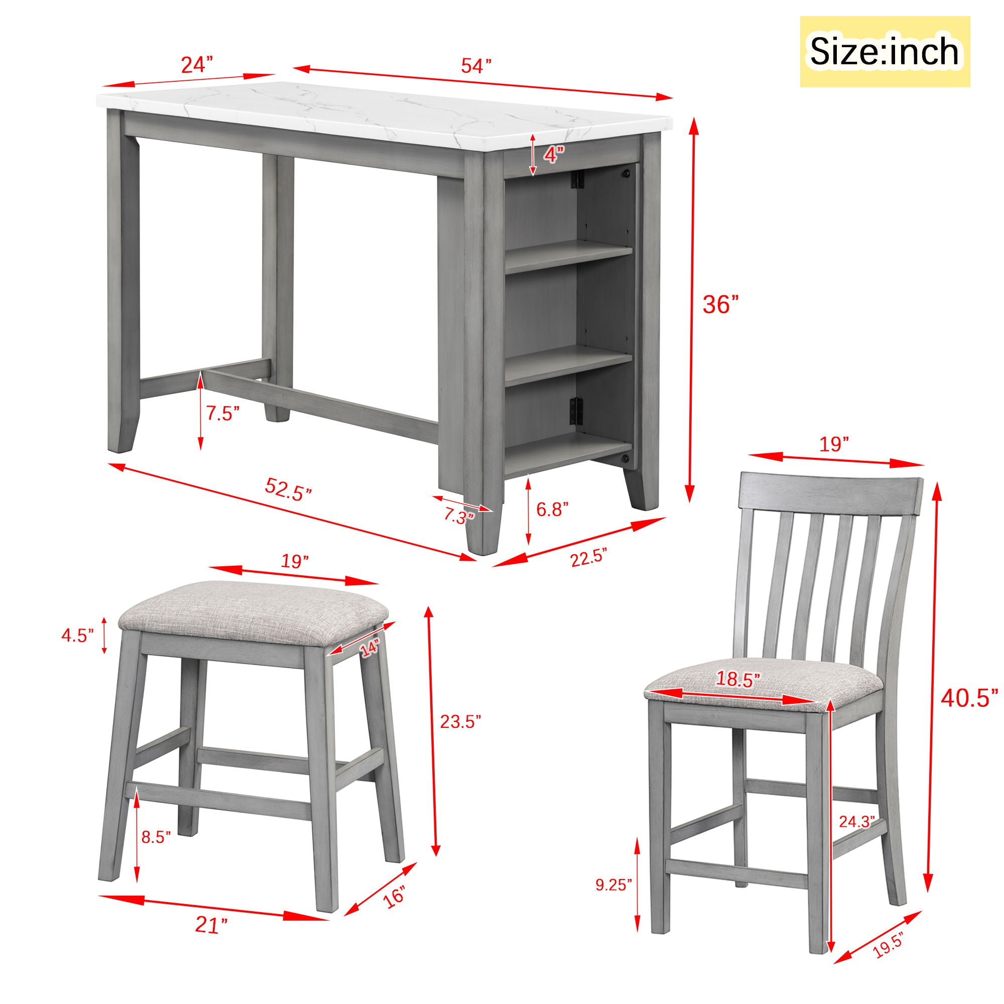 5 Piece Counter Height Dining Table Set With Built-In Storage Shelves - Gray