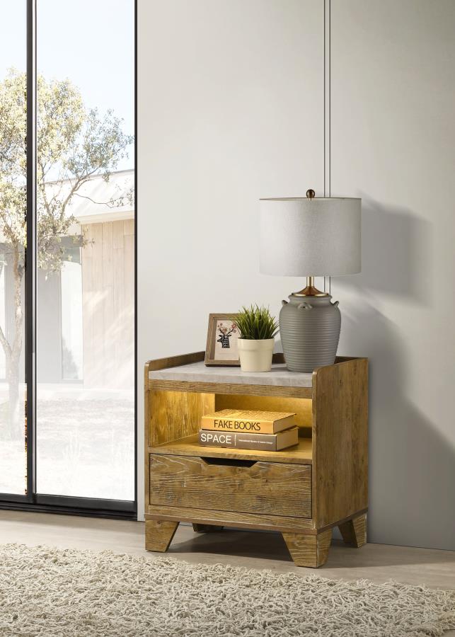 Henderson - 1-Drawer LED Nightstand Bedside Table - Medium Oak