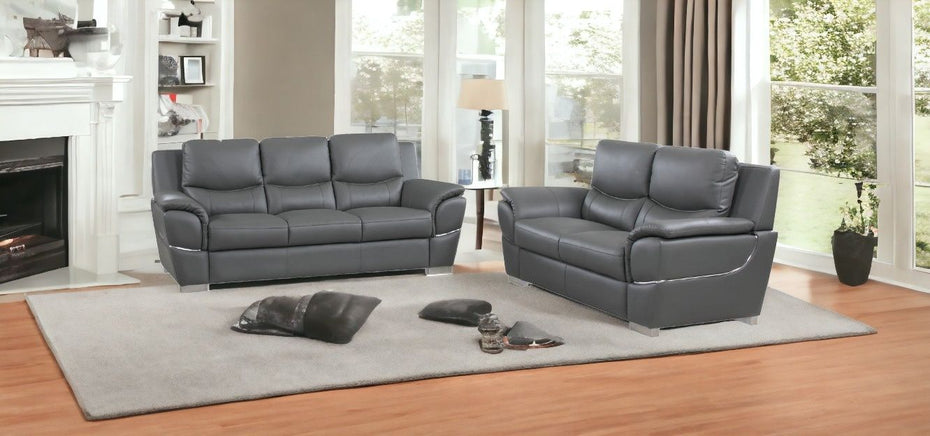 2 Piece Indoor Genuine Leather Five Person Seating Set - Gray