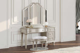 Evangeline Upholstered Oval Vanity Stool Silver and Ivory