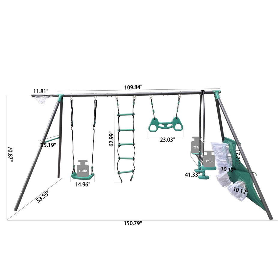 Interesting Four Function Swingset With Face To Face Metal Plastic Safe Swing Seat 550Lbs For Outdoor Playground For Age 3+ - Blackish Green