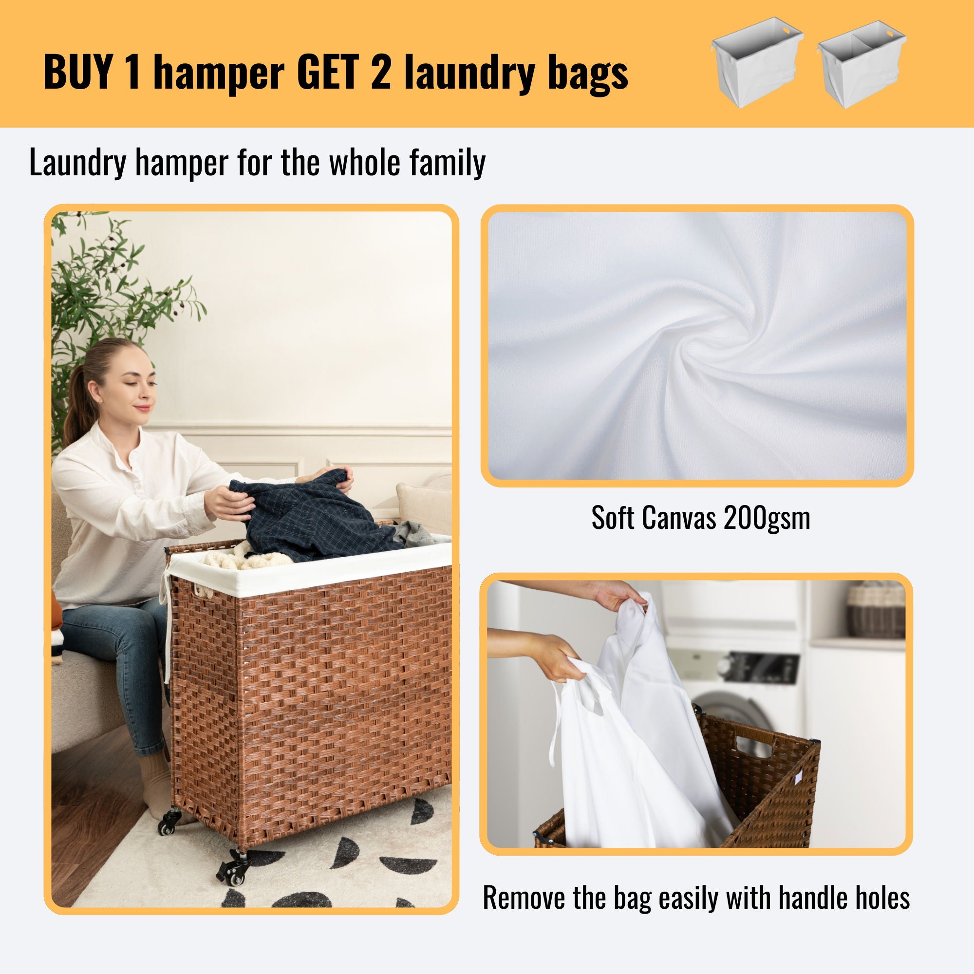 Laundry Hamper With Lid PE Rattan Powder Coating Frame Clothes Hampers With 2 Removable Bags