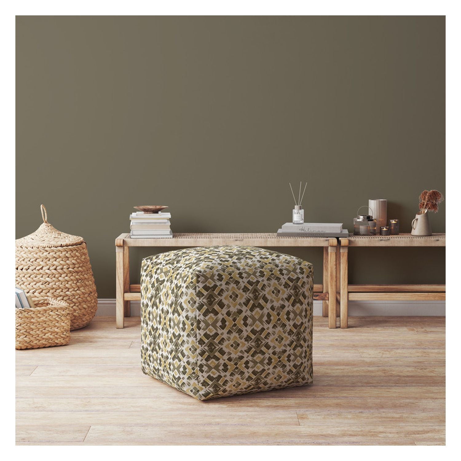 Cotton Geometric Pouf Ottoman - Beige