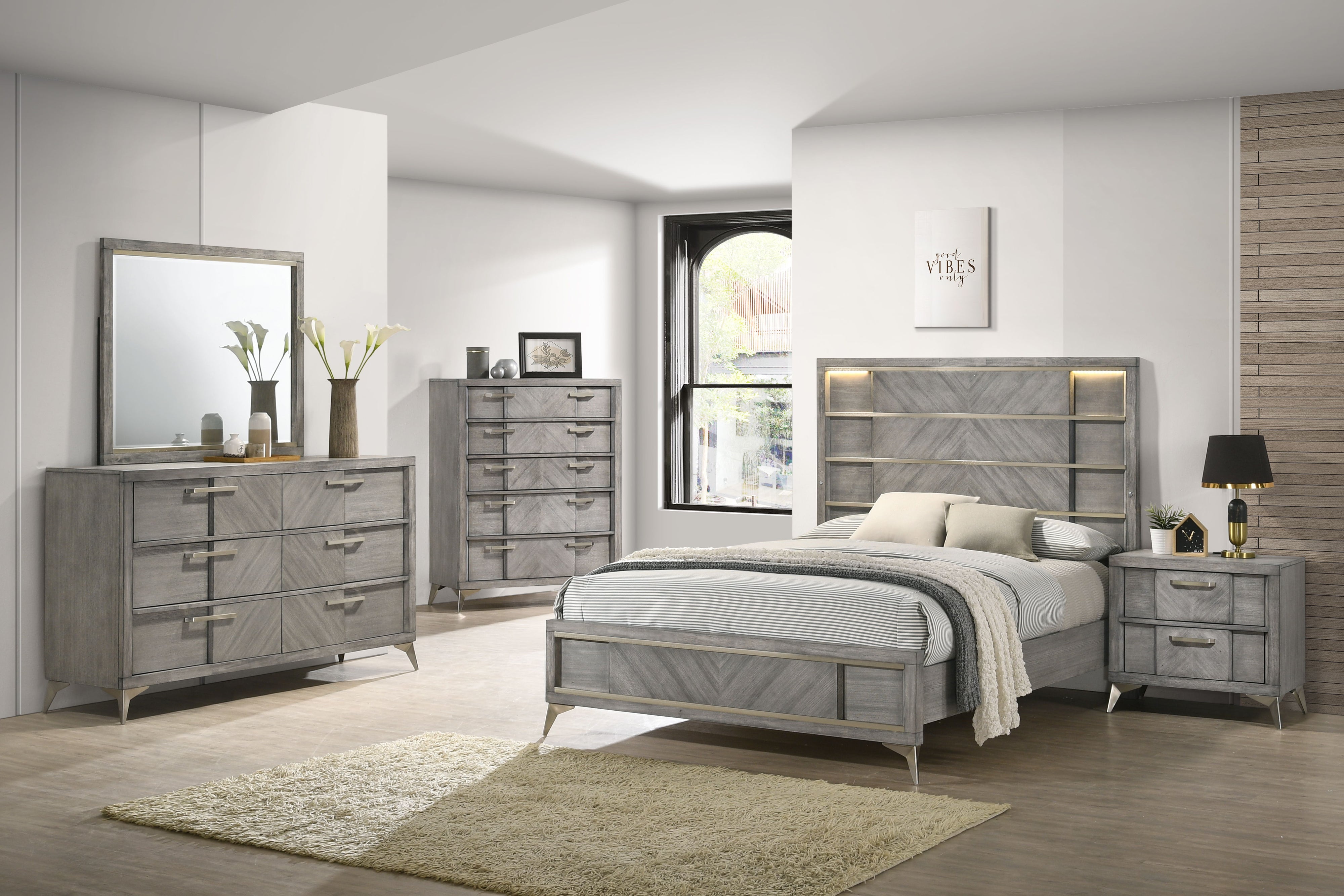 6 Drawer Dresser Book Matched Veneers - Gray