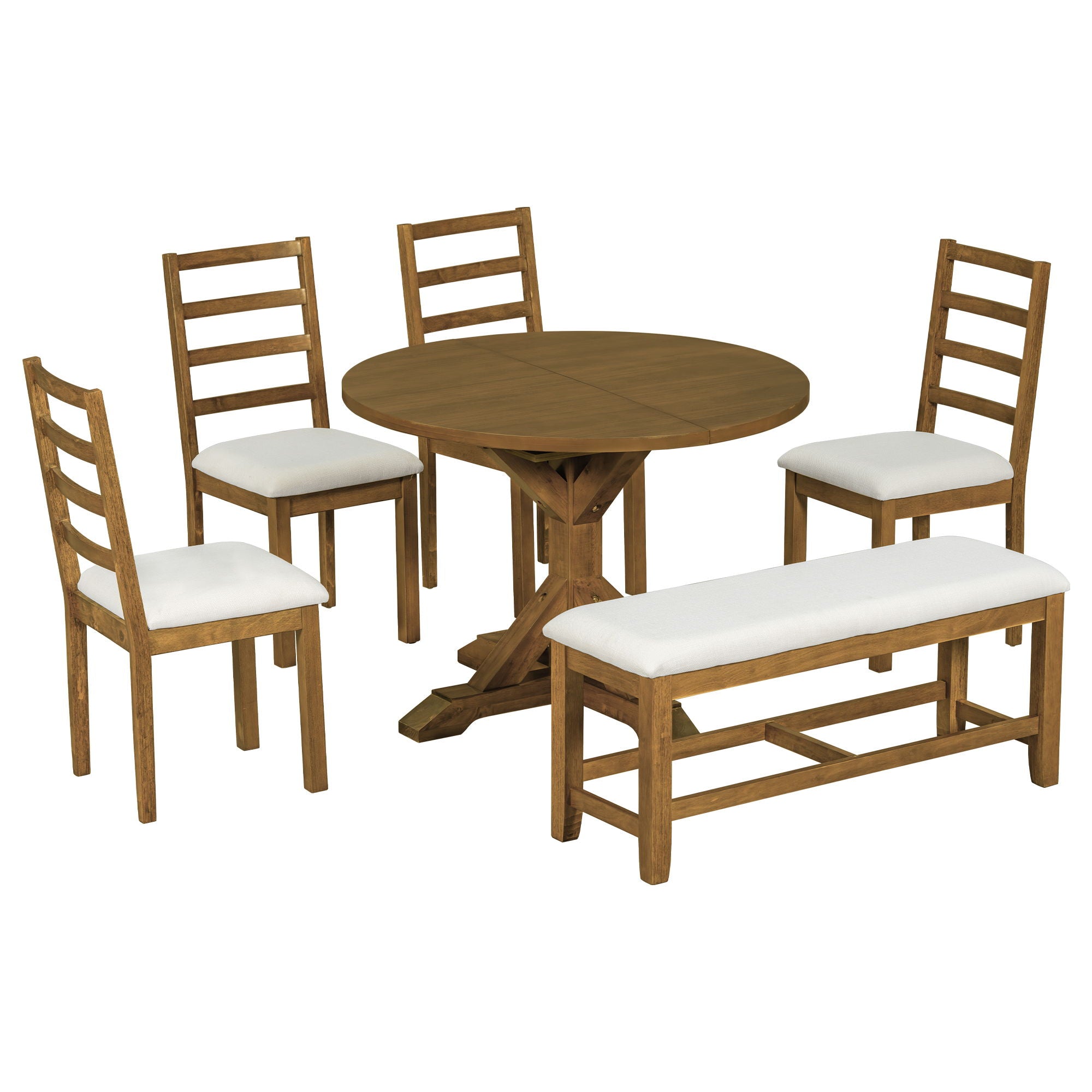 Topmax - 6 Piece Farmhouse Extendable Pedestal Dining Table Set With 18Inch Removable Leaf, Bench And 4 Ladder Back Dining Chairs