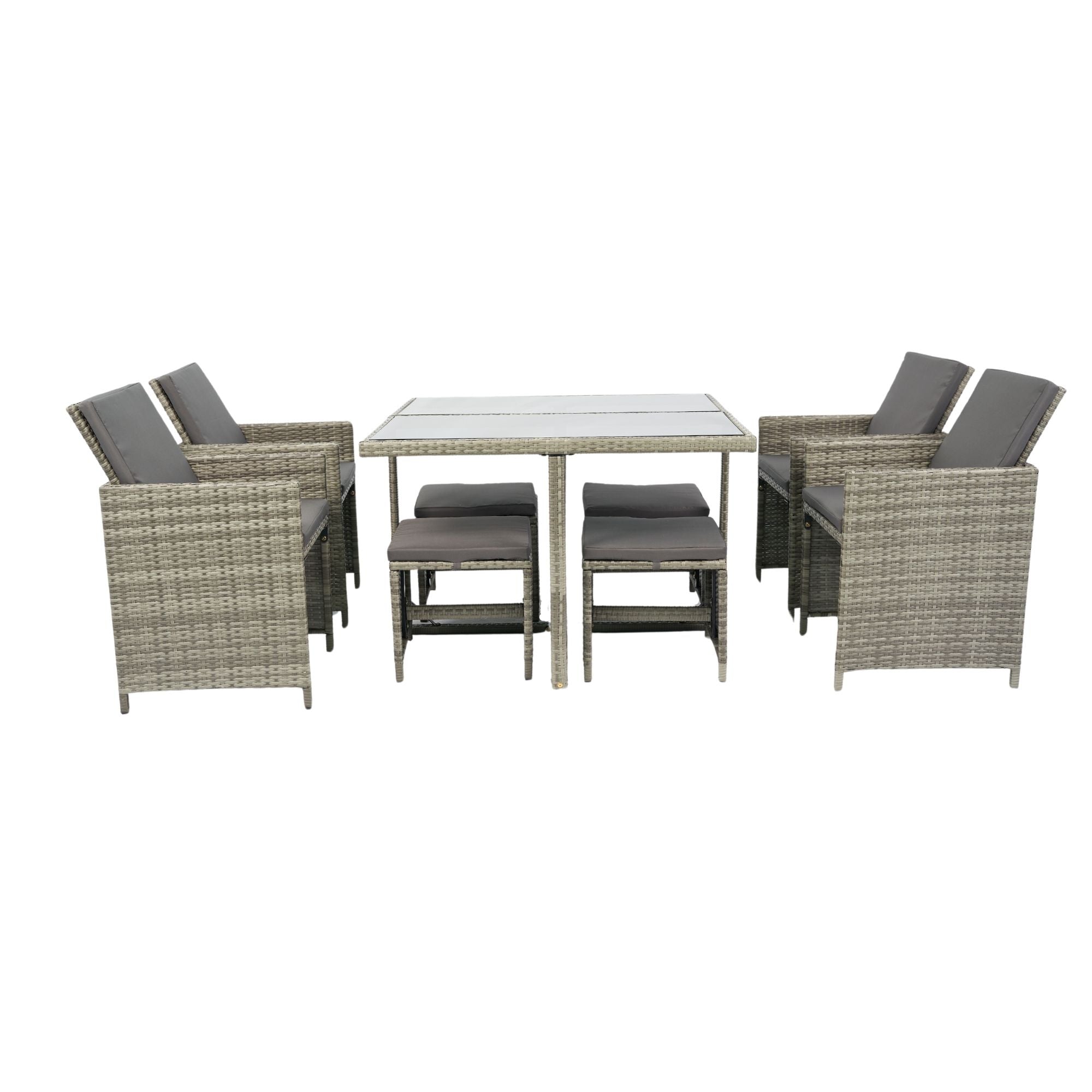 9 Pieces Patio Dining Sets Outdoor Space Saving Rattan Chairs With Glass Table Patio Furniture Sets Cushioned Seating And Back Sectional Conversation Set Wicker And Cushion - Gray