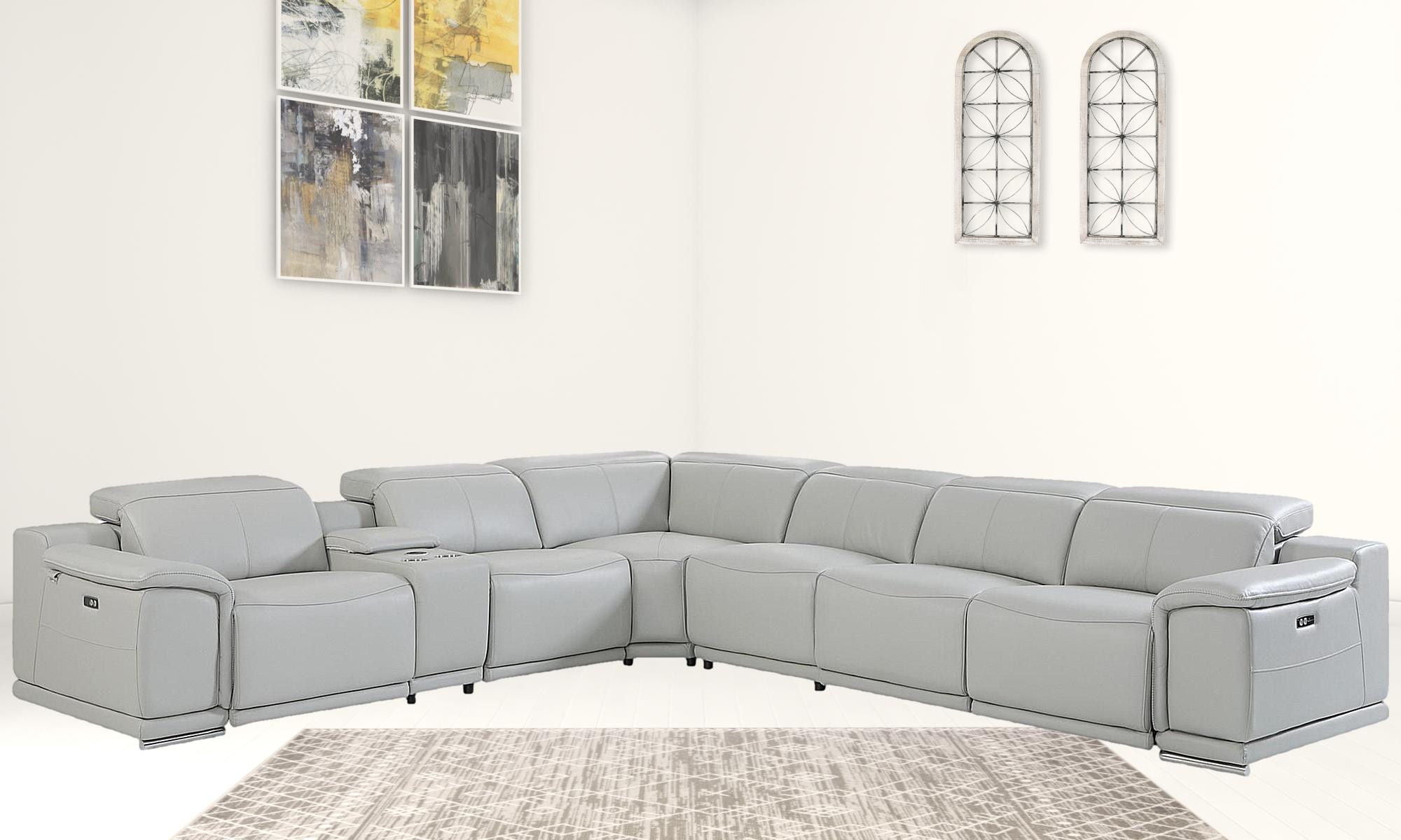 Italian Leather Power Reclining U Shaped Seven Piece Corner Sectional With Console - Light Gray