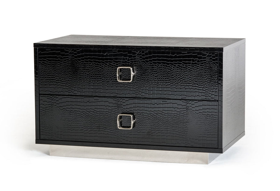 Croc Lacquer Faux Crocodile 2 Drawer Nightstand - Black