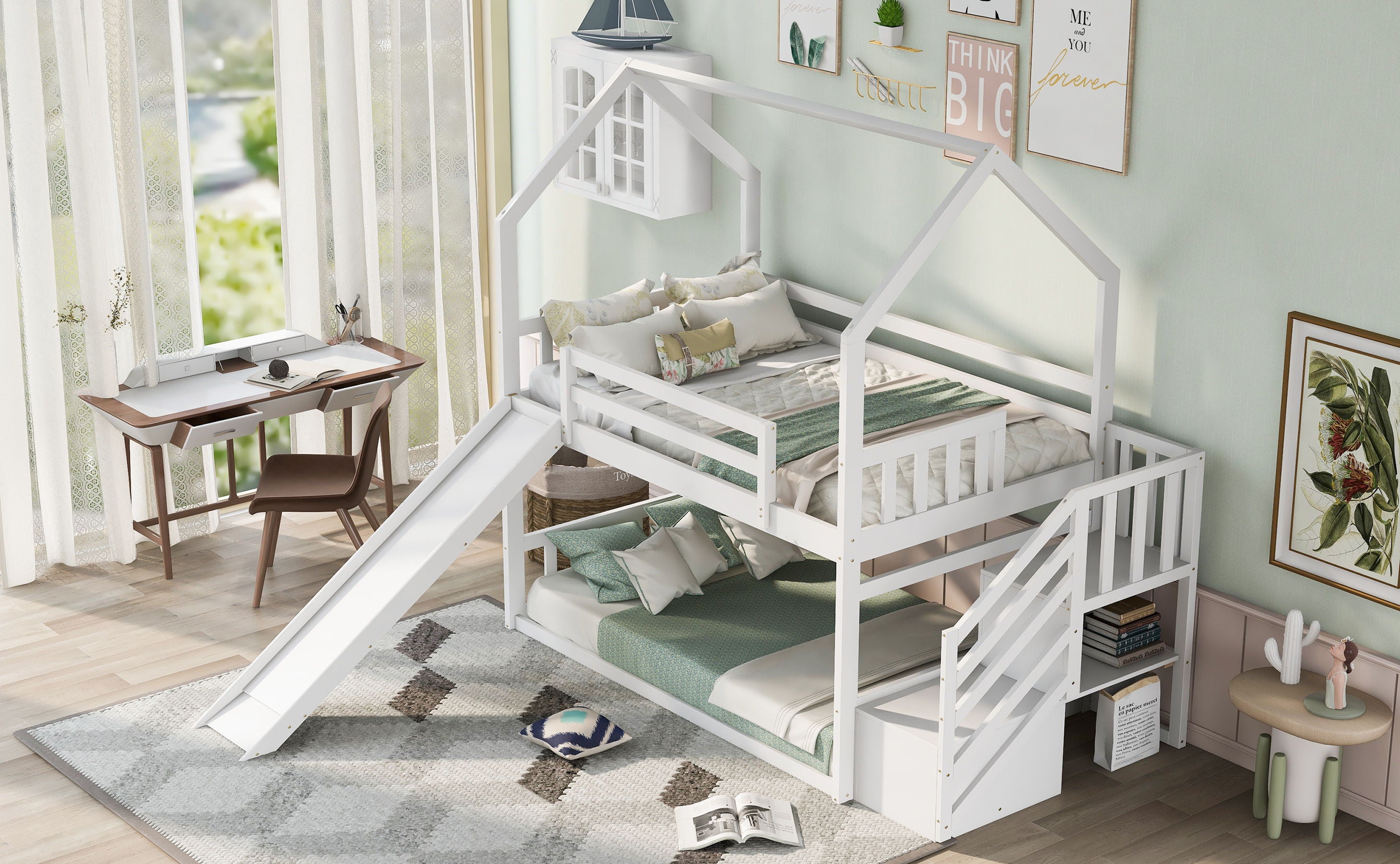 Twin Over Twin House Bunk Bed With Convertible Slide, Storage Staircase