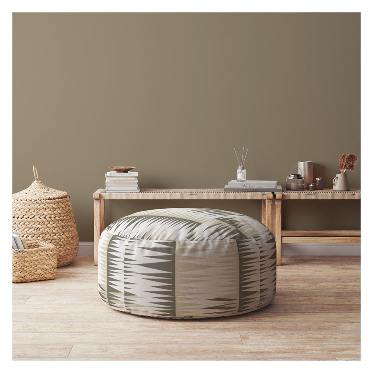 Cotton Round Chevron Pouf Ottoman - Beige