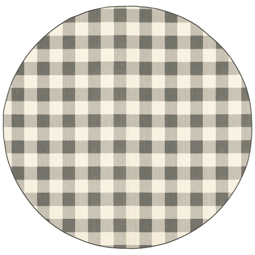 8' Round Round Gingham Stain Resistant Indoor / Outdoor Area Rug - Gray / Ivory