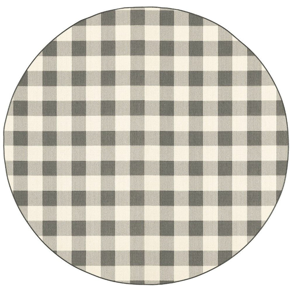 8' Round Round Gingham Stain Resistant Indoor / Outdoor Area Rug - Gray / Ivory