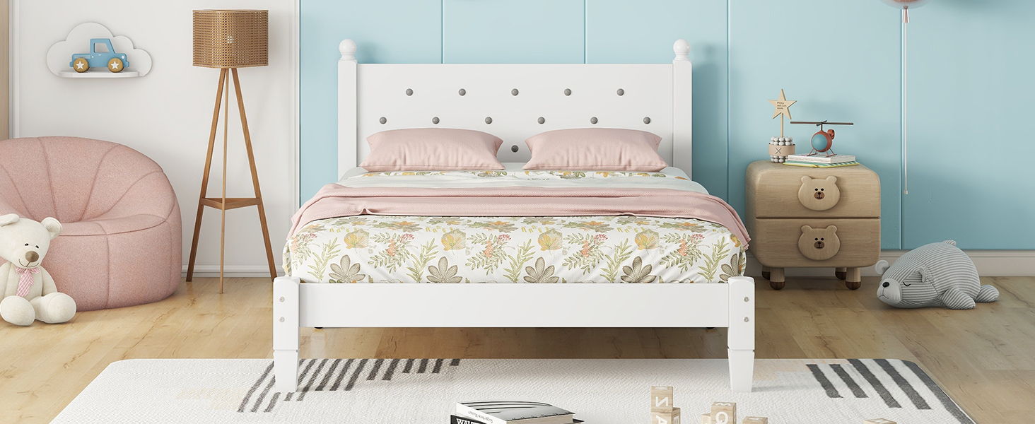 Twin Bed With Button-Decoration Headboard, With Bed Slats - White