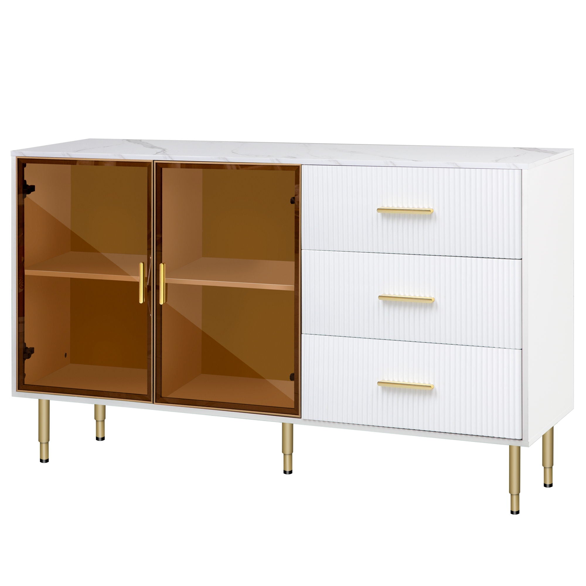 Modern Sideboard Buffet Cabinet Marble Sticker Tabletop And Amber-Yellow Tempered Glass Doors With Gold Metal Legs & Handles