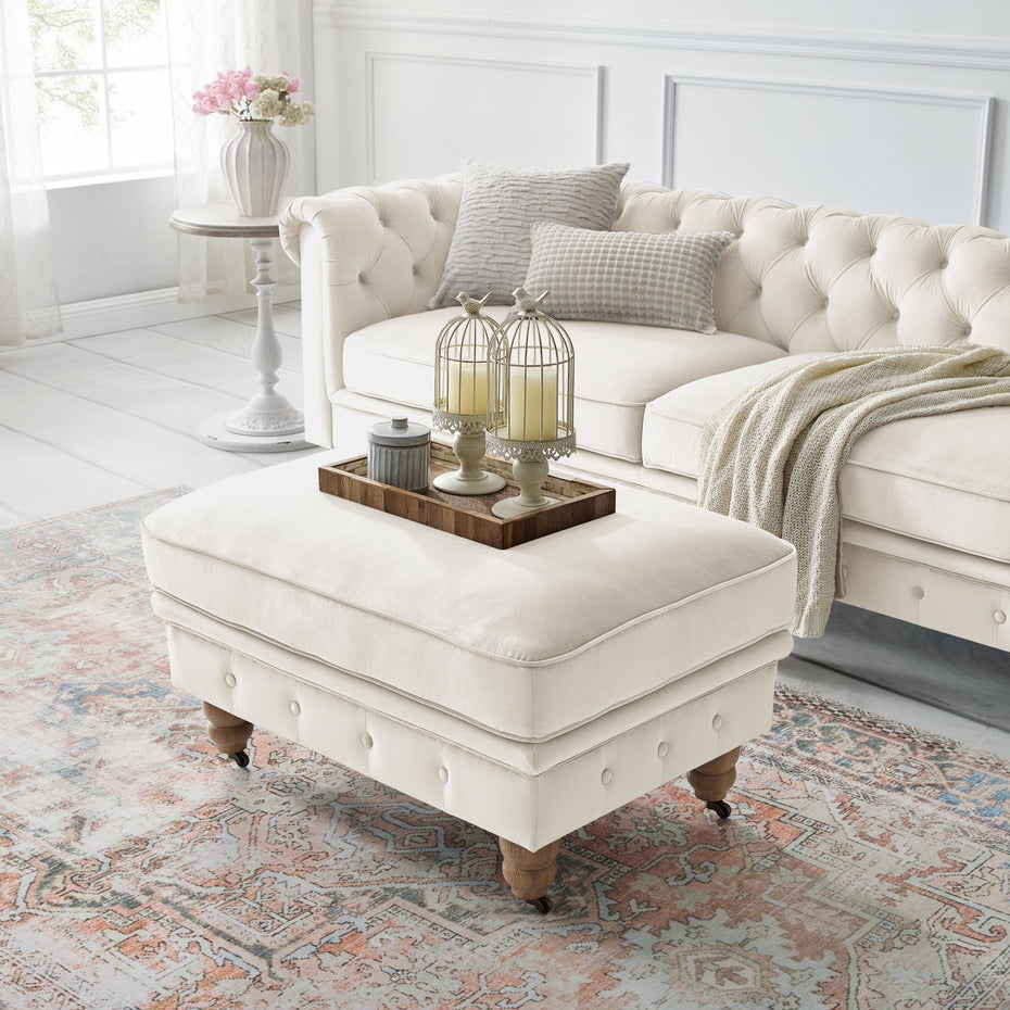 Velvet And Natural Rolling Tufted Cocktail Ottoman - Beige