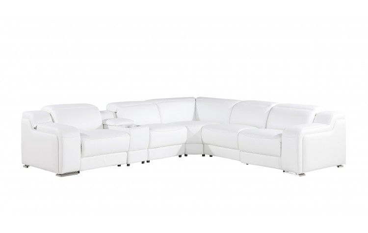 Italian Leather Power Reclining L Shaped Six Piece Corner Sectional With Console - White