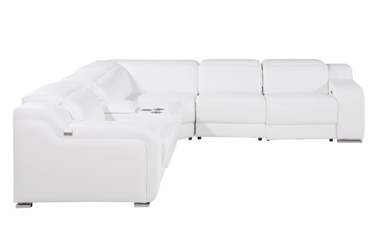 Italian Leather Power Reclining L Shaped Six Piece Corner Sectional With Console - White