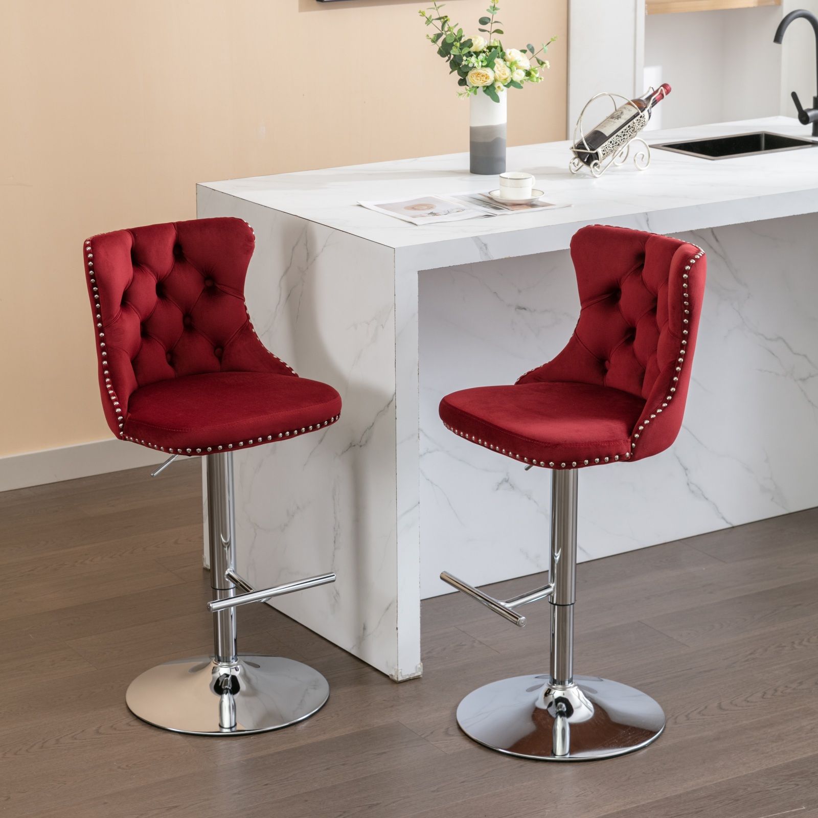 Swivel Velvet Barstools Adjusatble Seat Height From 25-33", Modern Upholstered Chrome Base Bar Stools With Backs Comfortable Tufted For Home Pub And Kitchen Island (Set of 2)