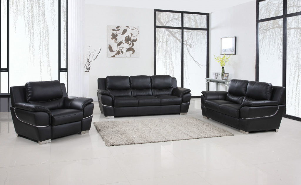 Three Piece Indoor Genuine Leather Six Person Seating Set - Black