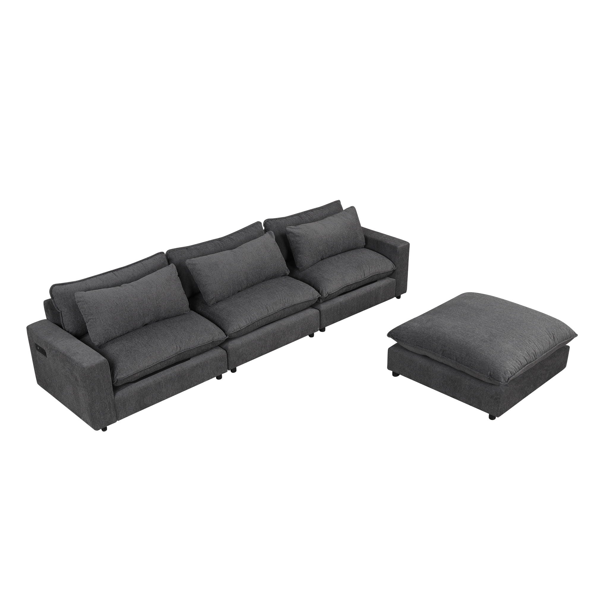 Sectional Sofa Cloud Sofa Chenille Upholstered Sofa Couch With Movable Ottoman, Comfortable Seat Cushions, Charging Ports And Three Back Pillows For Living Room