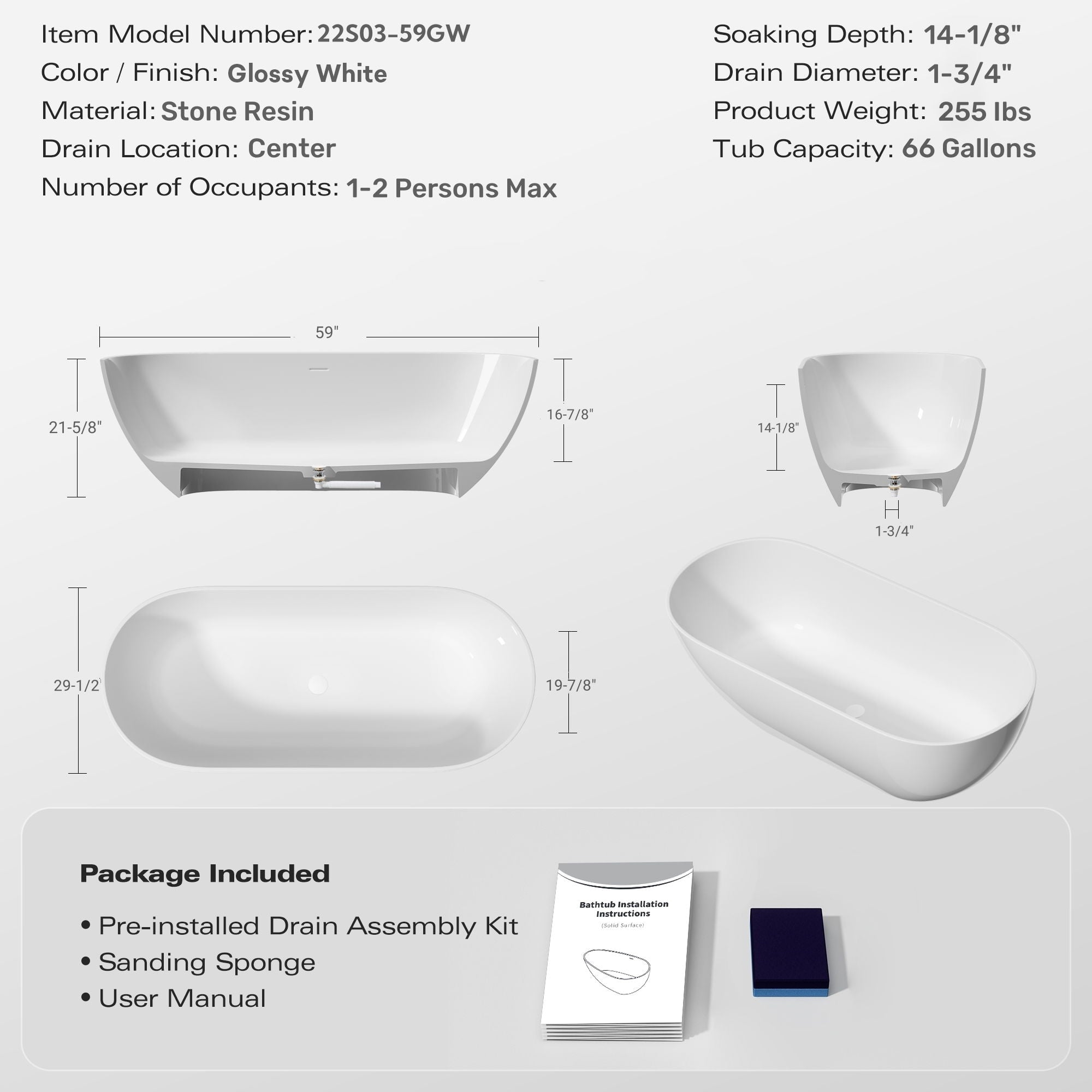 59" Freestanding Solid Surface Bathtub, Luxury Man-Made Stone Resin Freestanding Soaking Bathtub With Overflow And Pop-Up Drain For Contemporary Bathroom 22S03-59Gw - Glossy White