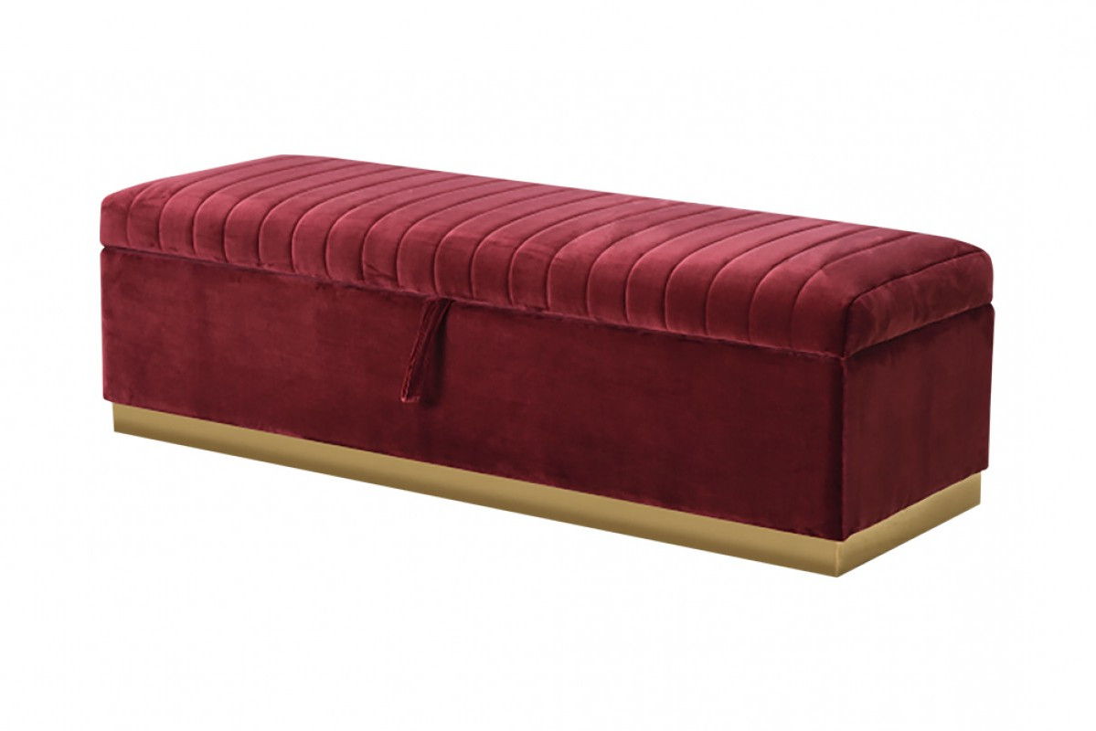 Rectangular Modern Velvet Storage Bench With Gold Metal - Red