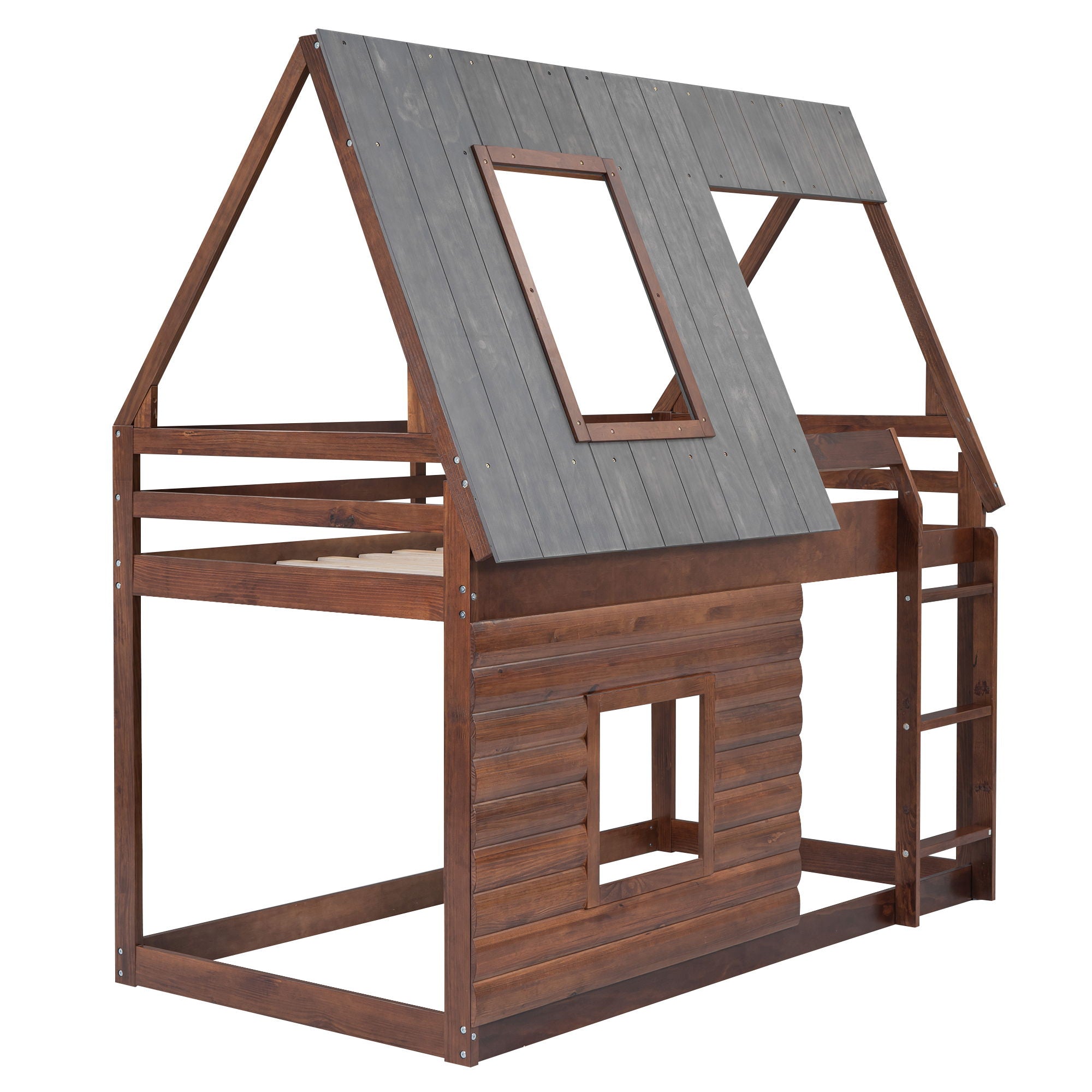 Wood Twin Size House Bunk Bed With Roof, Ladder And 2 Windows - Oak & Smoky Gray