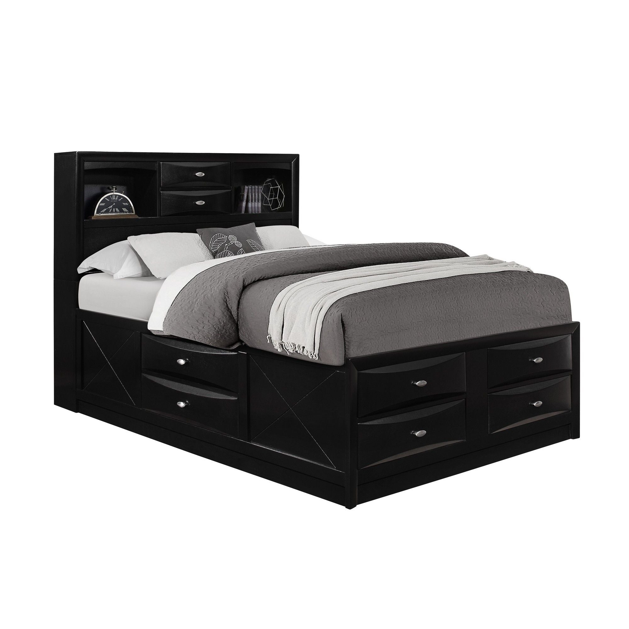 Solid Wood Queen Eight Drawers Bed - Black