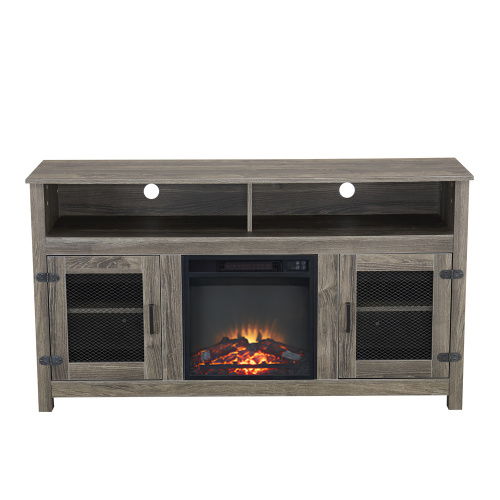 Modern Farmhouse TV Stand With Electric Fireplace, Fit Up To Flat Screen TV With Storage Cabinet And Adjustable Shelves Industrial Entertainment Center For Living Room - Gray