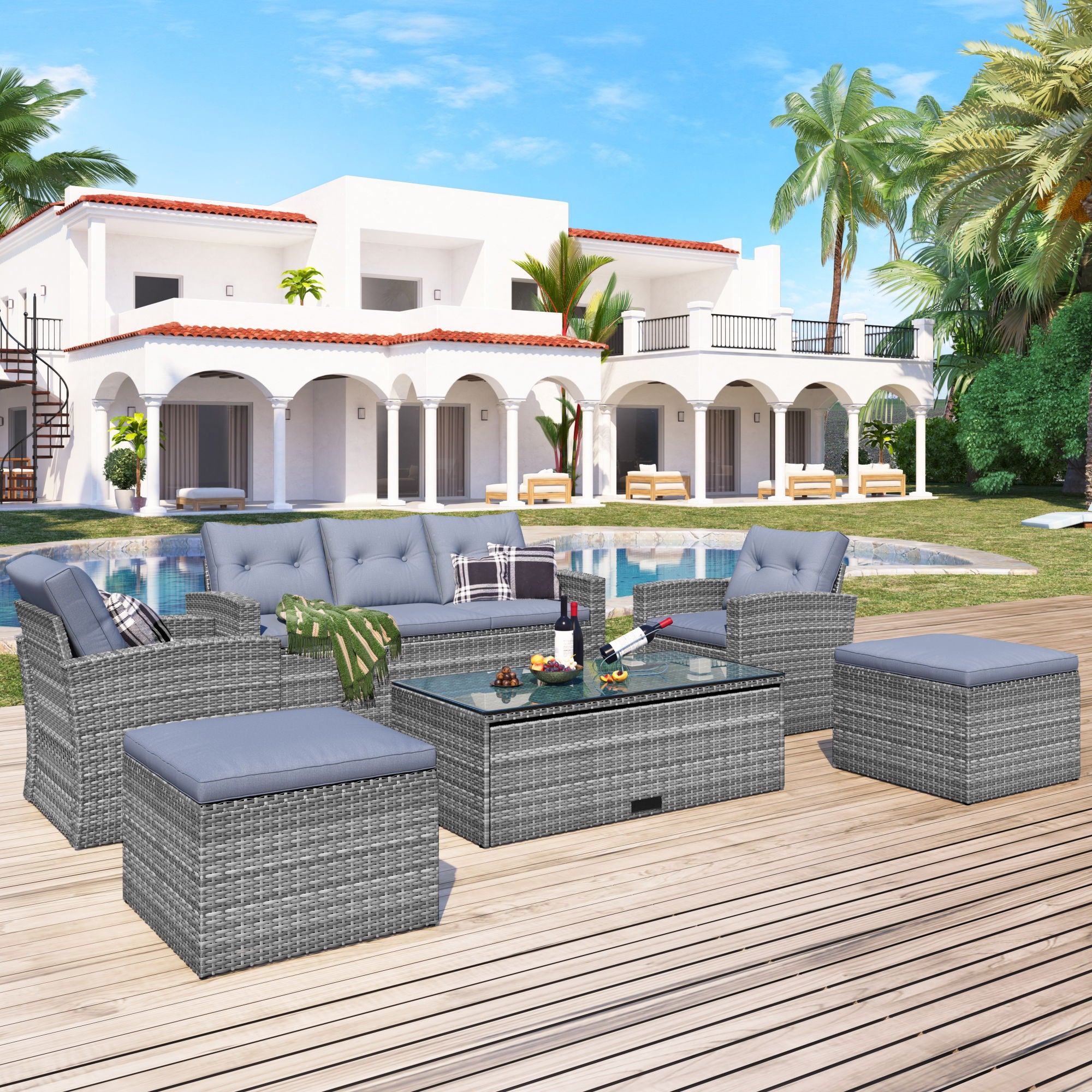 All-Weather Wicker PE Rattan Patio Outdoor Dining Conversation Sectional Set With Coffee Table, Wicker Sofas, Ottomans, Removable Cushions