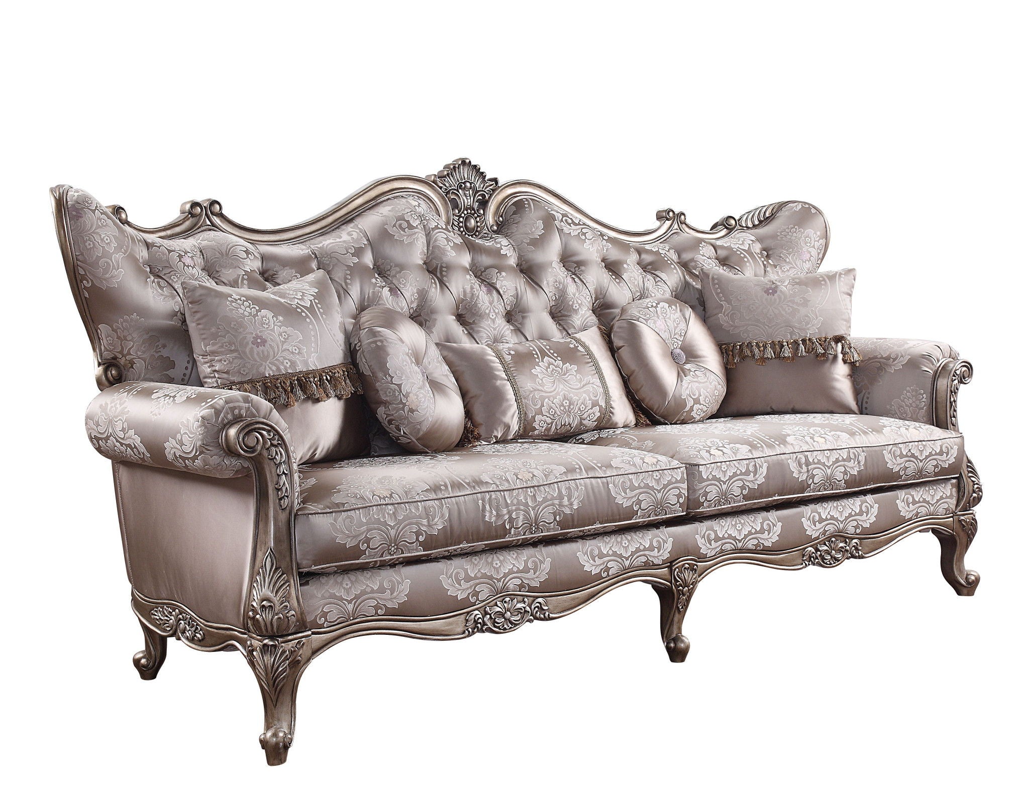 Imitation Silk Damask Sofa And Toss Pillows With Champagne Legs - Dark Gray