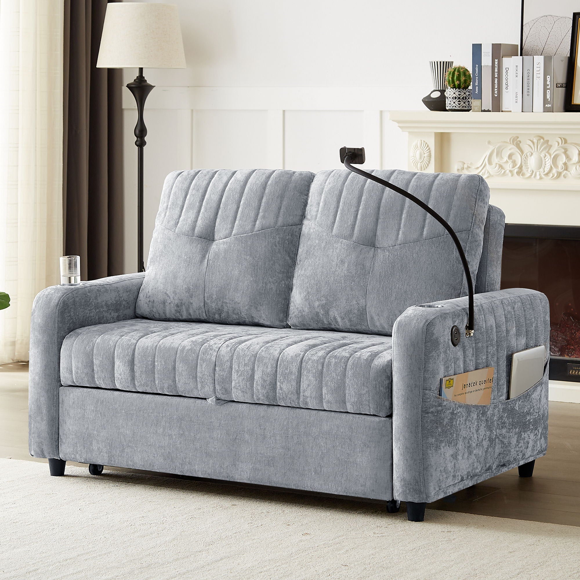 Modern Loveseat Pull Out Sofa Bed With Adjustable Backrest, Two Cup Holders, A Phone Holder, Three Charging Ports And Side Storage Pockets For Living Room