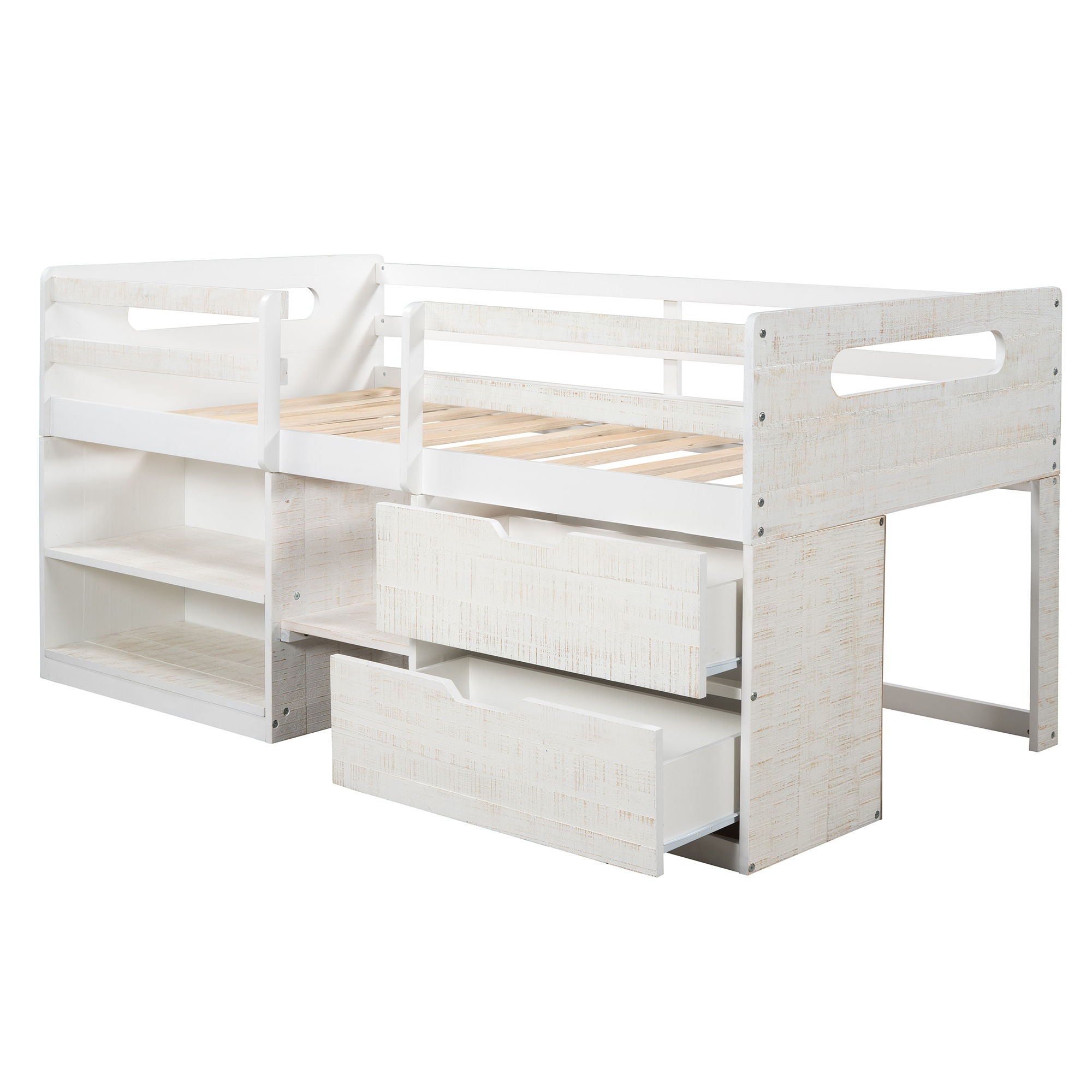 Twin Size Loft Bed With Two Shelves And Two Drawers