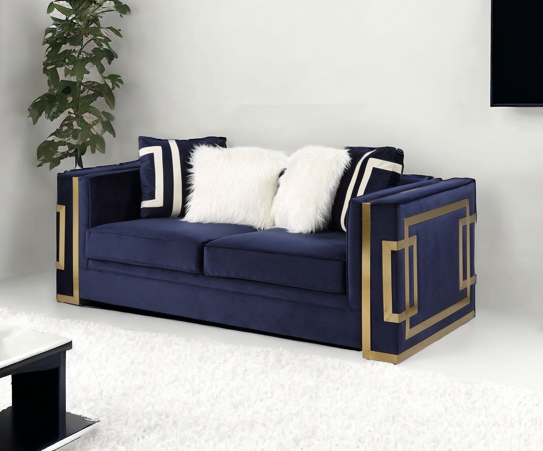 Velvet Loveseat And Toss Pillows - Blue / Gold