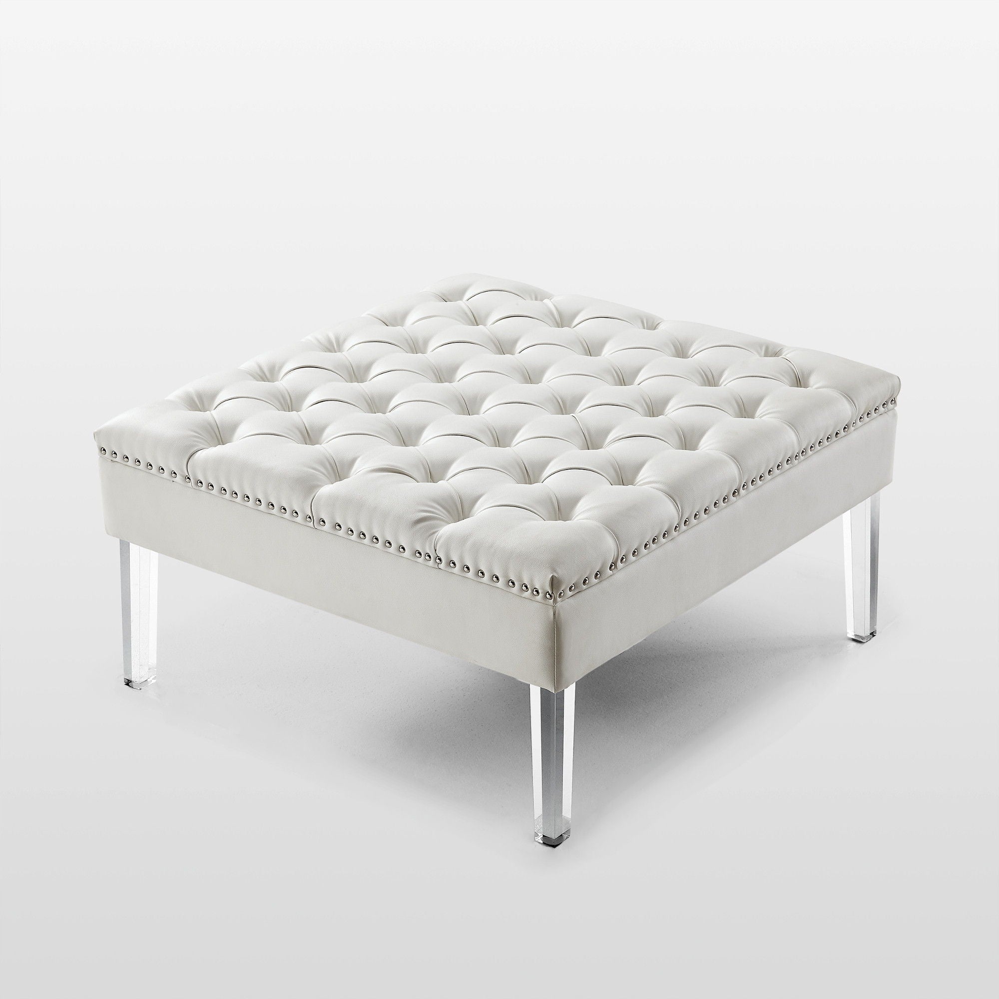 Faux Leather Cocktail Ottoman - White / Clear