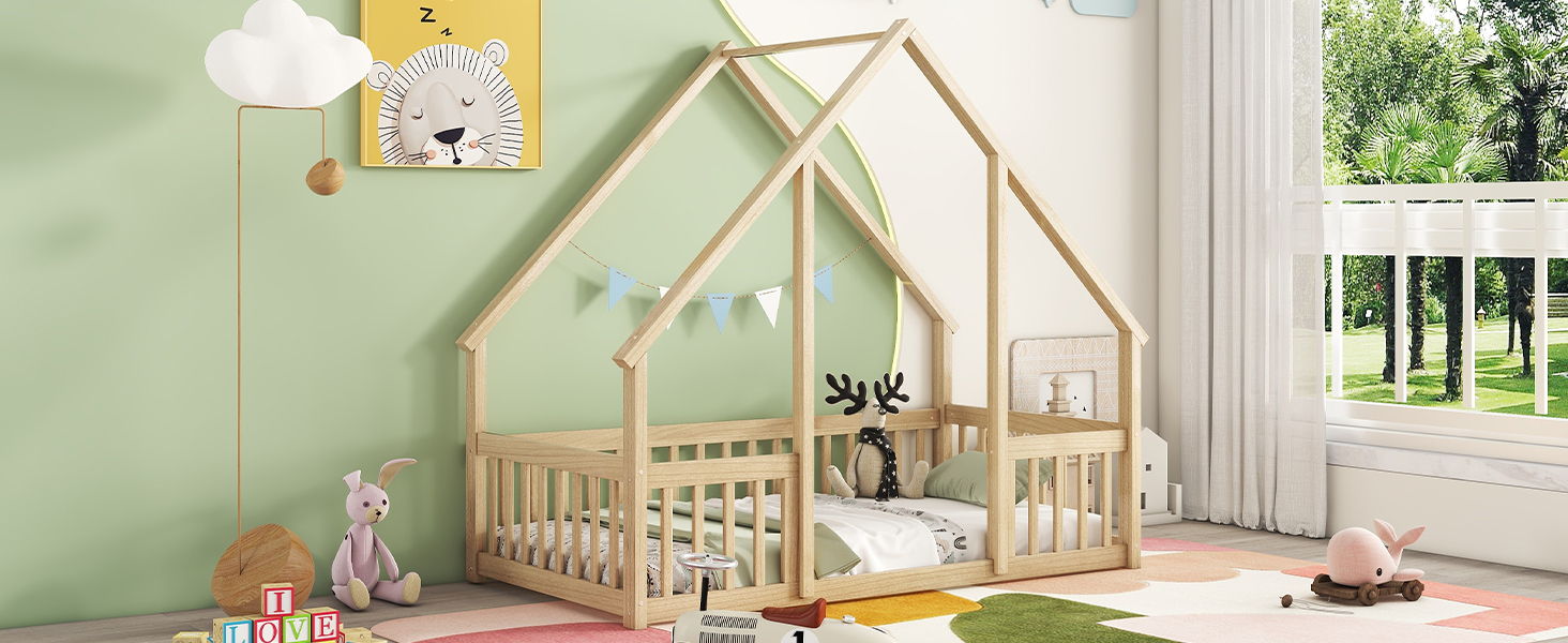 Wood House-Shaped Floor Bed With Fence, Guardrails