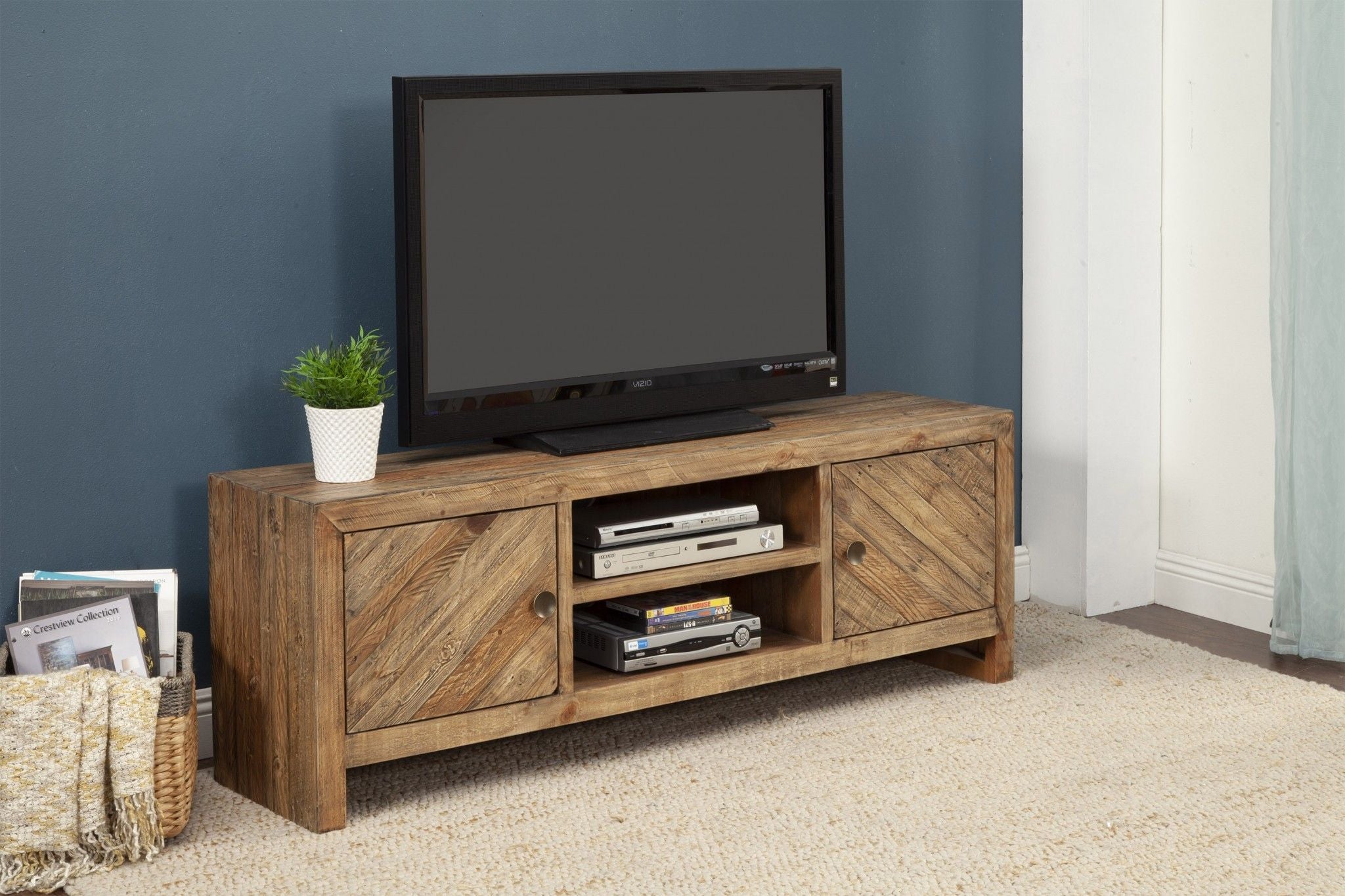 Wood Reclaimed Pine And Plywood Open Shelving TV Stand - Brown