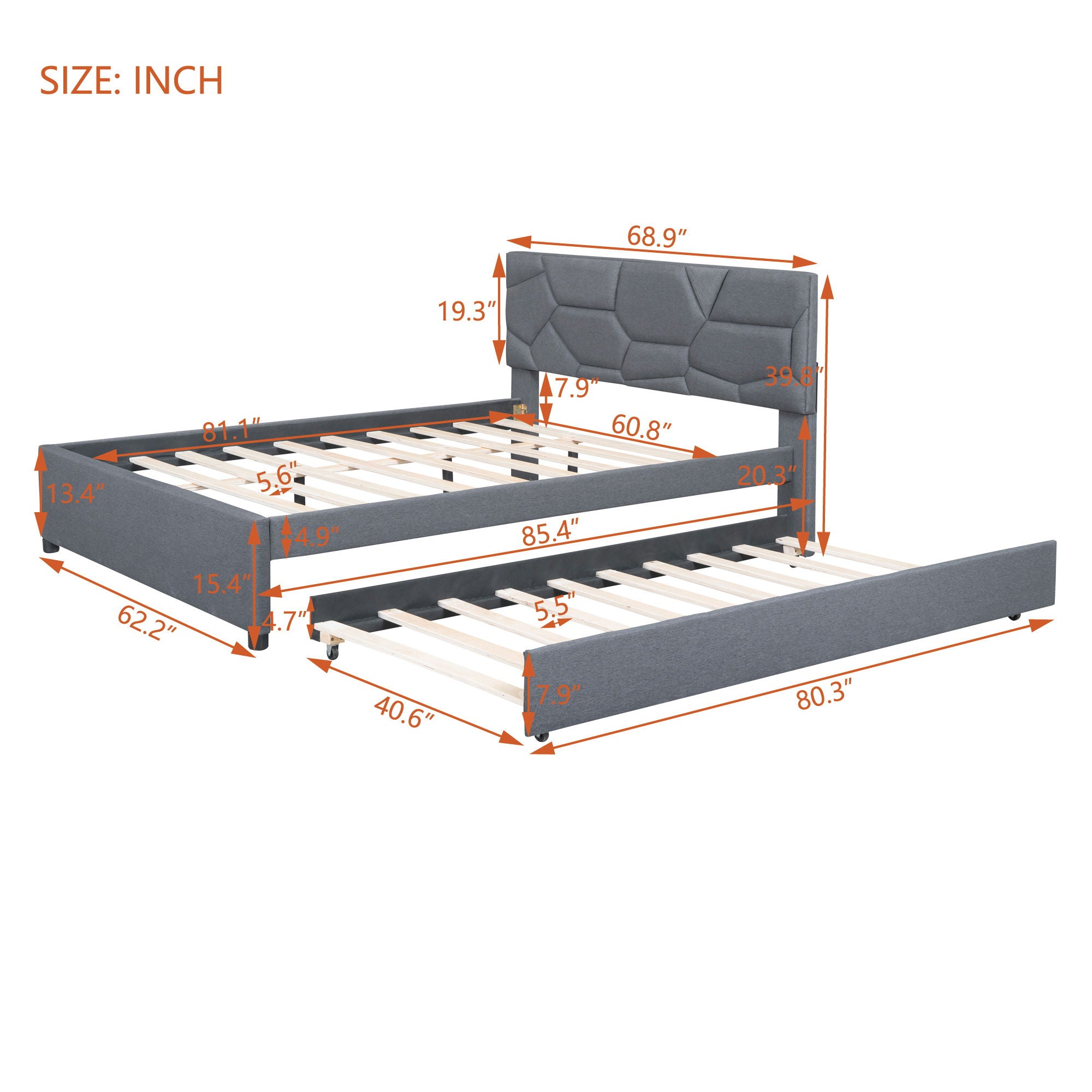 Upholstered Platform Bed With Brick Pattern Headboard And Twin Long Size Trundle