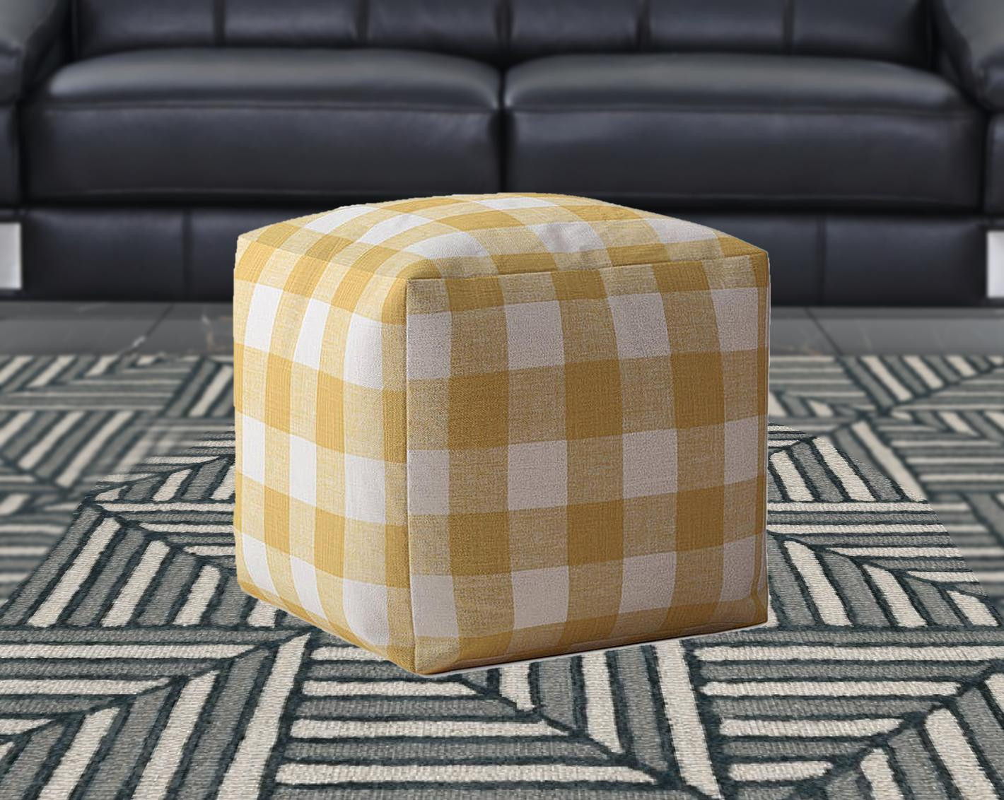 Canvas Gingham Pouf Cover - Yellow / White