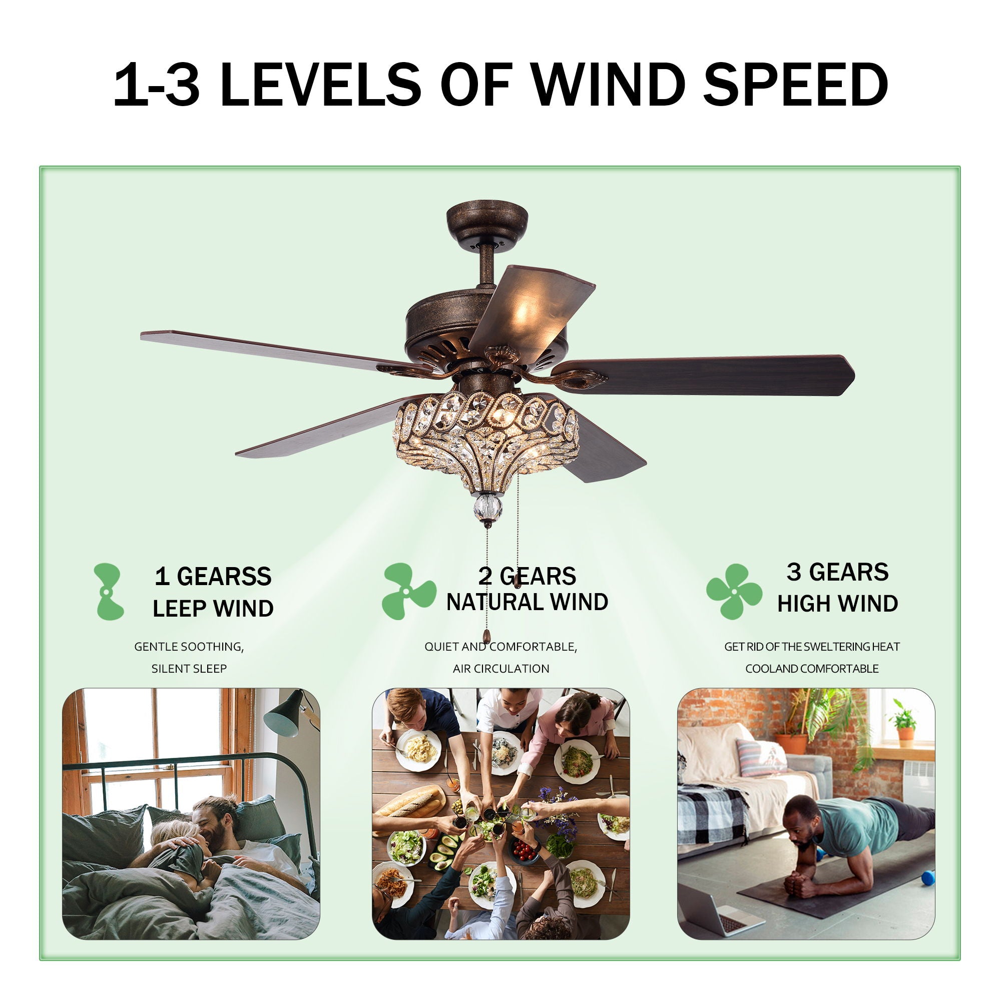 Classical Crystal Ceiling Fan Lamp, 3 Speed, 5 Reversible Blades For Living Room, Dining Room, Bedroom, Family Room, 3 Pieces*E12 (No Include Bulb, Hand Pull Chain) - Rustic Bronze