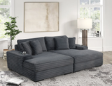 Modern Oversized Charcoal Corduroy Fabric Double Chaise Sectional with Cupholders & USB Outlets