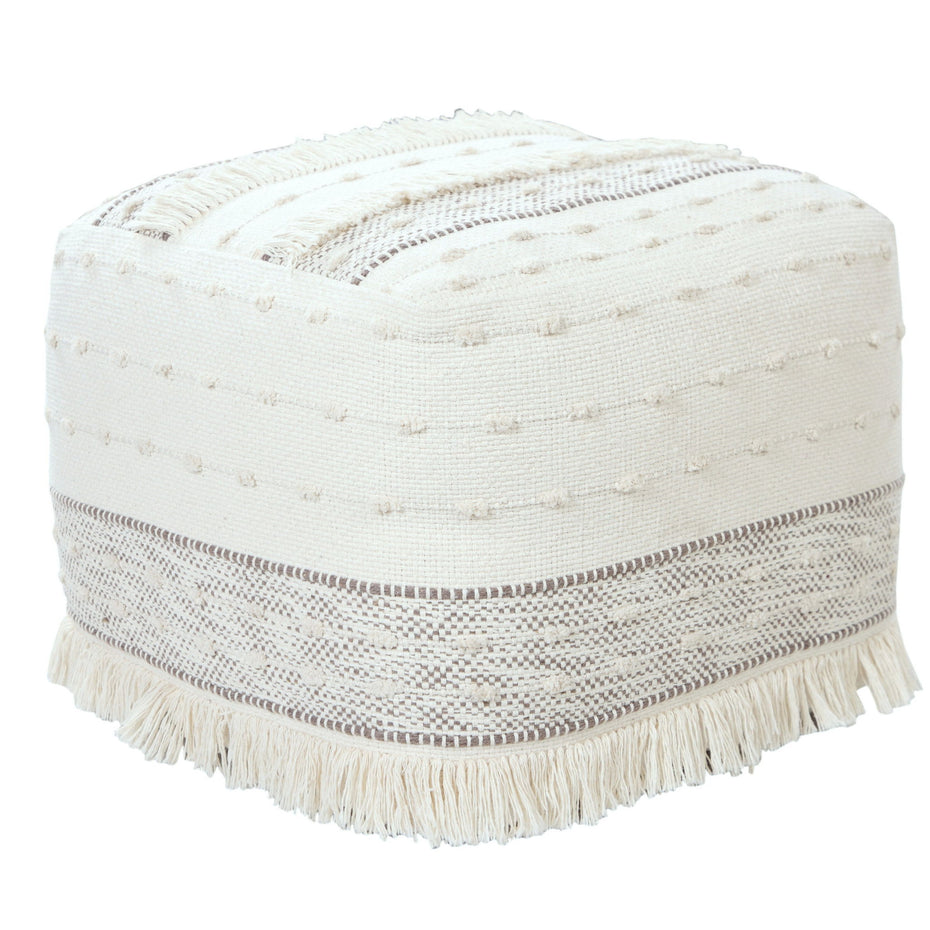 Cotton Striped Pouf Ottoman - Cream