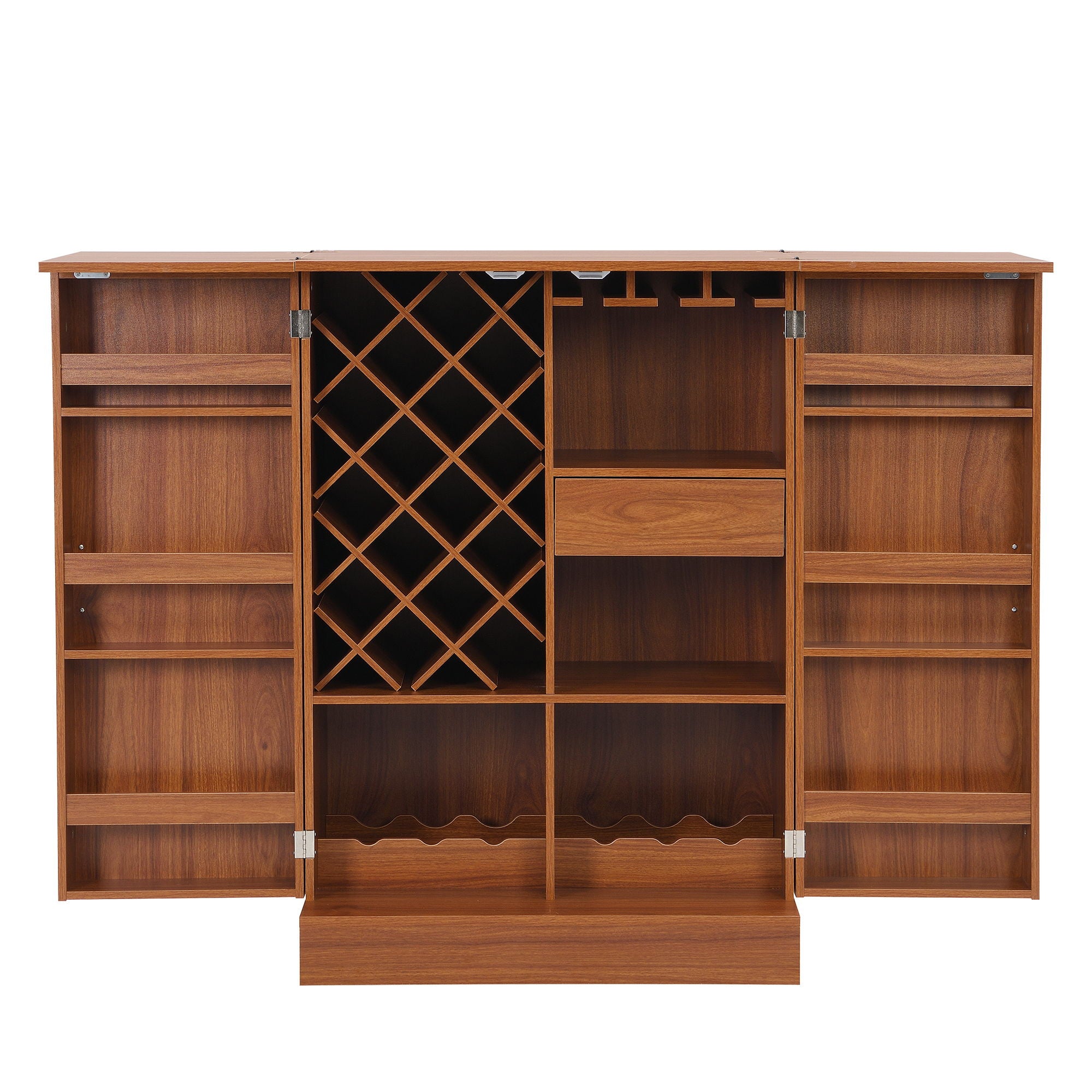 Home Bar Cabinet, Industrial Rattan Door Fold Out Bar Cabinet With Storage Bar Table - Walnut